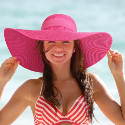 Womens Big Bowknot Straw Hat Foldable Sun Hats Floppy Beach Hat Large Roll up Cap UPF 50+