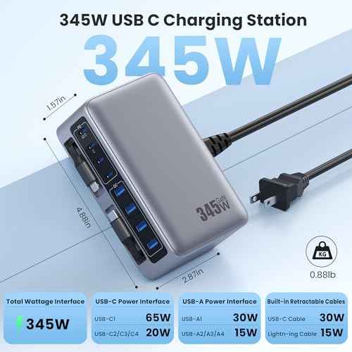 345W USB C Charger 10 in 1 Retractable Wall Charger with 2 Cables