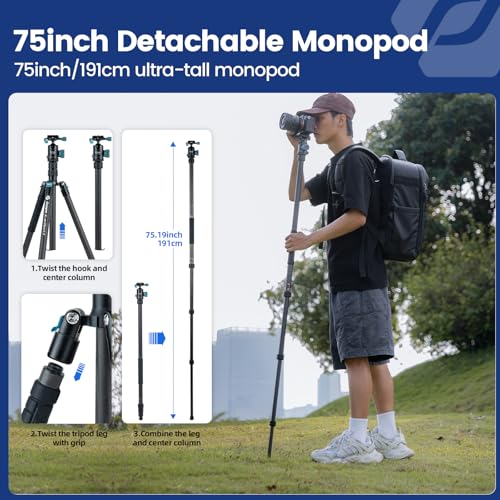 73" 185cm Carbon Fiber Travel Tripod for Camera