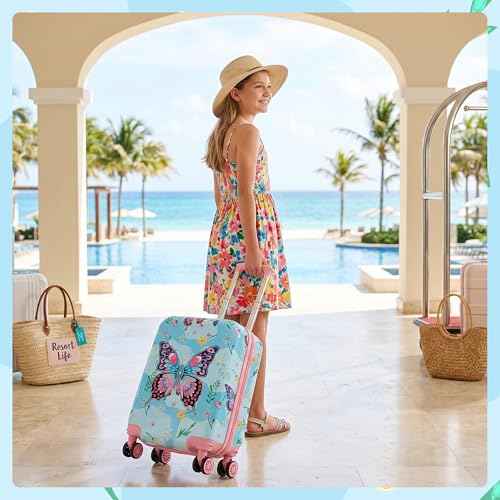 Kids Luggage Set 2 Pcs Carry On Rolling Suitcase with U shaped Pillow Butterfly Toddler Suitcase for Girls Hardside Luggage with Spinner Wheels Airline Approved (2 Count)