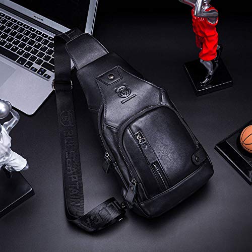 Leather Sling Bag Mens Chest Bag Casual Shoulder Crossbody Bags Travel Hiking Backpacks Daypack with USB Charging Port
