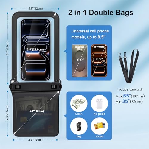 IPX8 Double Space Waterproof Phone Pouch up to 8.5" (2 Count)
