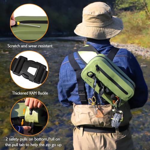 Waterproof Fishing Fanny Pack for Men 3.3L Fly Fishing Bag Chest Pack with Airtight Zipper Arme Green