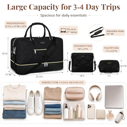 Weekender Bag for Women 21.5" Travel Duffel Large Carry On Bag 3PCS (3 Count)