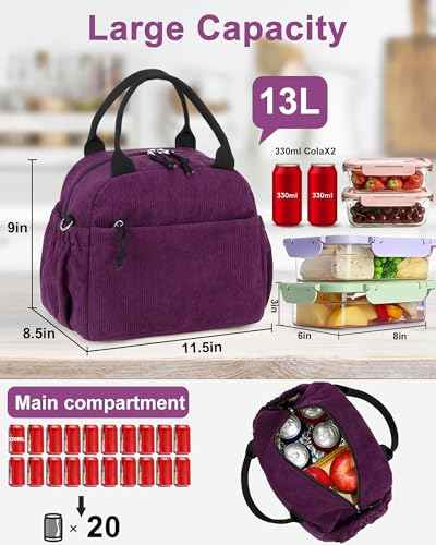 Lunch Bag for Women Cute Corduroy Lunch Tote Bags with Shoulder Strap Reusable Insulated Lunch Box Large Capacity Reusable Insulated Cooler for Work Picnic or Travel