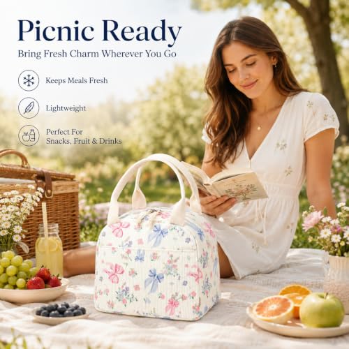 Lunch Bag for Women Men Cute Corduroy Lunch Tote Bags Reusable Insulated Lunch Box Large Capacity Reusable Insulated Cooler for Work Picnic or Travel