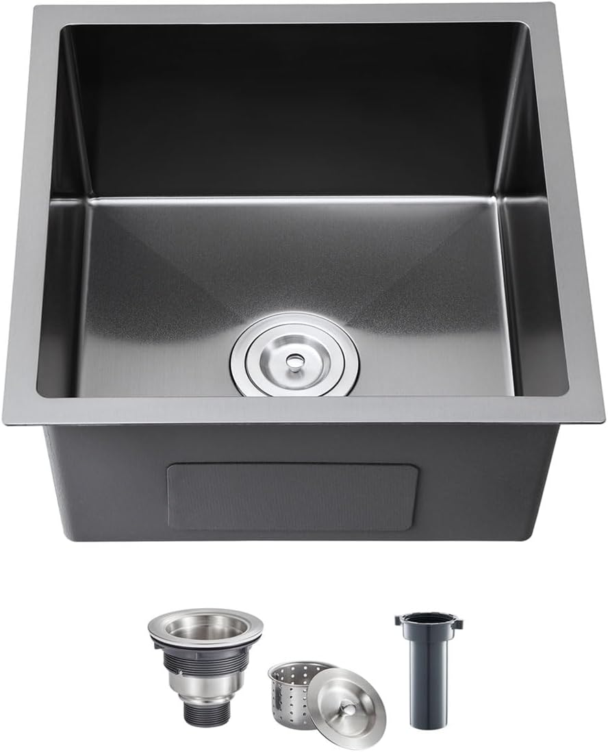 Black 18 inch Undermount Kitchen Sink - TSIBOMU 18 Gauge Stainless Steel 9" Deep Single Bowl Basin Undermount Kitchen Bar Sink, D18"xW18"xH9"