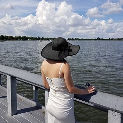 Women Wide Brim Bow Straw Hat Floppy Foldable Beach Sun Hat Roll up Cap UPF 50+