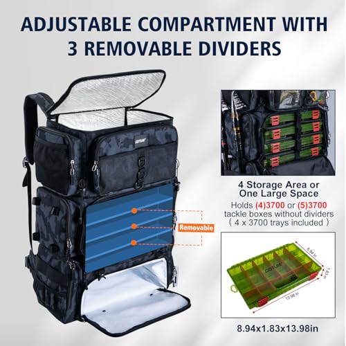 72L Fishing Tackle Backpack with Cooler & 4 3700 Tackle Boxes