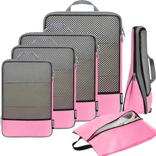 4 Set/6 Set/8 Set Compression Packing Cubes Travel Accessories Expandable Packing Organizers (Half Mesh, 6-Pink)