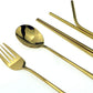 7 Pcs Portable Flatware Set, 304 Stainless Steel Cutlery Set Travel Utensils Set w/Pouch Fork Spoon Chopsticks Straws for Travel Camping Office School, Dishwasher Safe & Eco-Friendly (Gold)