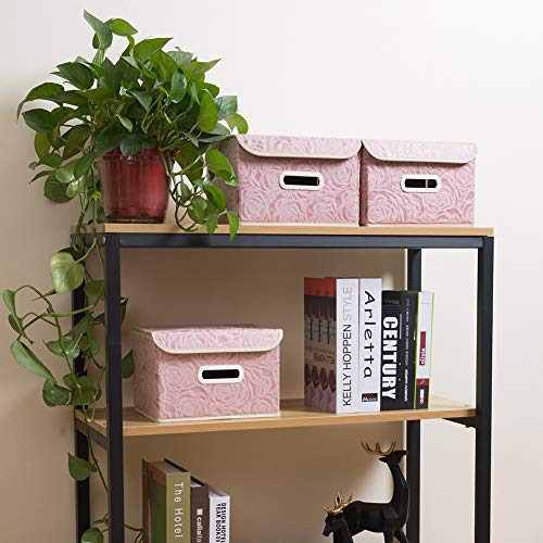 Collapsible Storage Boxes with Lids Fabric Decorative Storage Bins Cubes Organizer Containers Baskets with Cover Handles Divider for Bedroom Closet Living Room 9.8x7.9x6.7 Inch 3 Pack (3 Count)