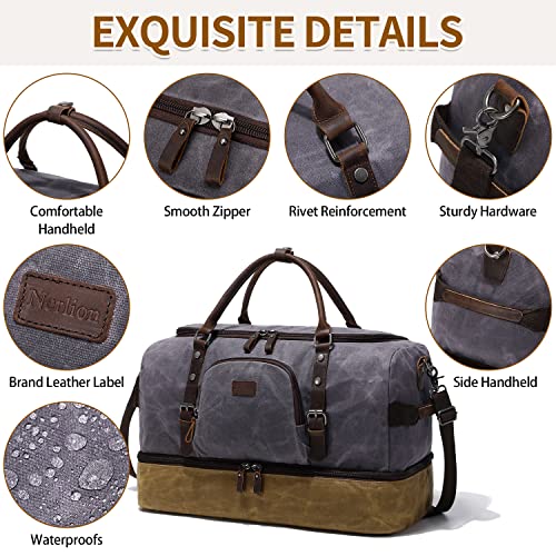 Nerlion Weekender Bag with Shoe Compartment Large Overnight Bag for Men Canvas Genuine Leather Carry on Luggage Bag Travel Duffel Bag