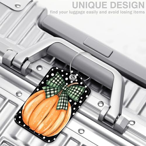 2 Pcs Pumpkin with Checkered Bow Luggage Tags for Suitcases Polka Dots PU Leather Baggage Tags Name ID Label with Privacy Cover and Stainless Steel Loop for Men Women Travel Bag Suitcase (2 Count)
