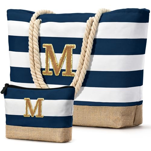 Beach Bag Initial Beach Tote with Makeup Bag for Travel