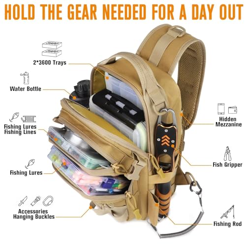 Small Fishing Backpack with Tackle Boxes Fishing Sling Bag DIY Embroidery Patches Tackle Bag Gift for Men Khaki
