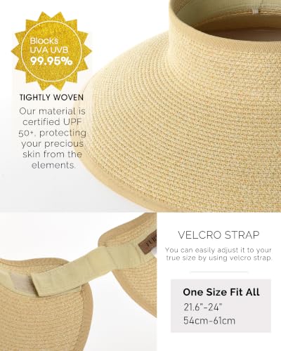Womens Sun Hat with Ponytail Hole Wide Brim Beach Straw Visor