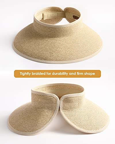 Womens Sun Hat with Ponytail Hole Wide Brim Beach Straw Visor