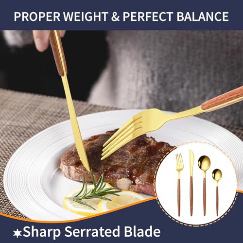 16 Pcs Gold Silverware Set with Simulated Wooden Handle for 4 (16 Count)
