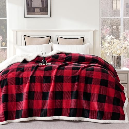 Sherpa Fleece Throw Blanket 80" x 90" Reversible Plush Fluffy Large Big Blanket Lattice Flannel Blankets for All Season Use