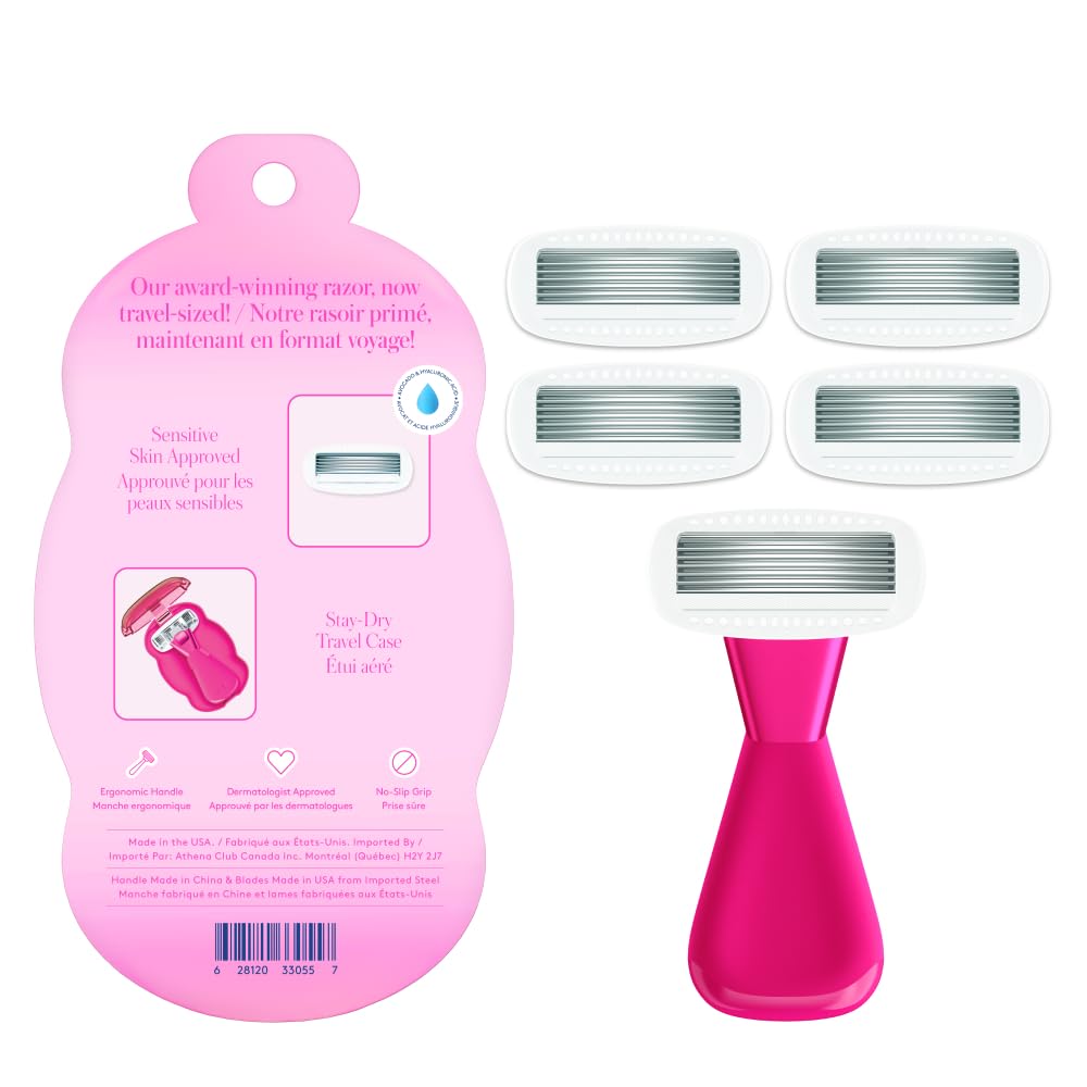 Women's Mini Travel Razor Shave Kit, 1 Mini Travel Razor Handle + 5 Blade Refills, Super Pink