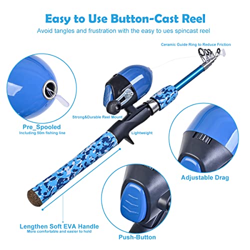 Kids Fishing Pole Set with Full Starter Kits 2 Set Portable Telescopic Fishing Rod and Spincast Reel Cambos with a Fishing Net and 2 Buckets for Boys Girls and Youth (2 Count)