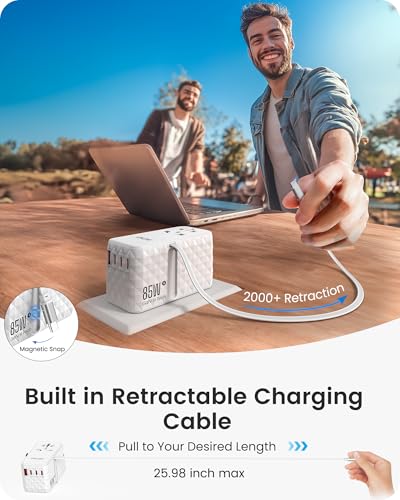 85W Universal Travel Power Adapter with Retractable USB C Cable