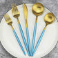 20-Piece 18/10 Stainless Steel Flatware Silverware, Luxury Dinnerware Set Travel Cutlery Tableware Include Knife Fork Spoon Service for 4, Dishwasher Safe (Blue Handle Matte Gold) (4 Count)