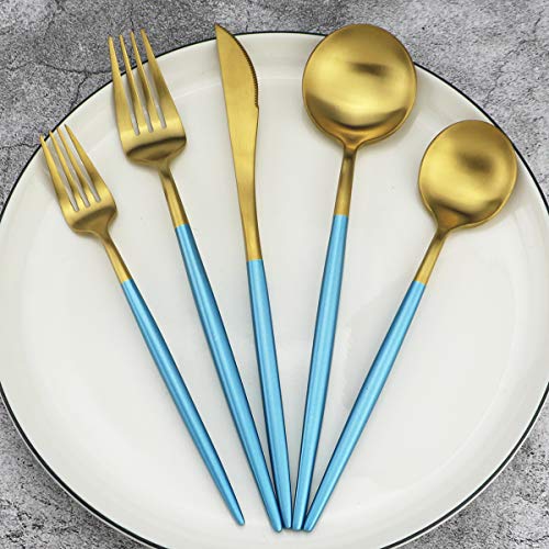 20-Piece 18/10 Stainless Steel Flatware Silverware, Luxury Dinnerware Set Travel Cutlery Tableware Include Knife Fork Spoon Service for 4, Dishwasher Safe (Blue Handle Matte Gold) (4 Count)