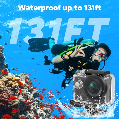 EK7000 4K30fps Action Camera with 128GB MicroSDXC U3 Memory Card Accessories Kit Bundle Ultra HD 131FT Waterproof Camera EIS WiFi Remote Control 4X Zoom Underwater Camera