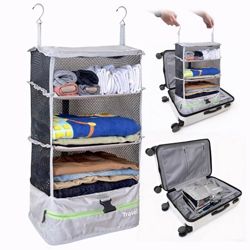Stow-N-Go Portable Hanging Travel Shelves, Packing Organizer for Luggage. Carry on Closet with Hanger for Clothes. Expandable Packing Cube. Travel Essentials, Light Gray - L