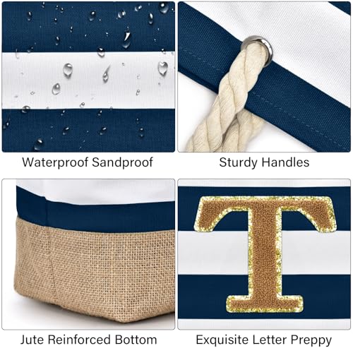Beach Bag Initial Beach Tote with Makeup Bag for Travel