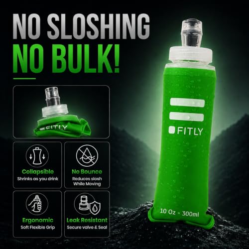 Soft Flask - (300 ml) - Shrink As You Drink Pocket Soft Water Bottle for Hydration Pack/Running Vest - Folding Water Bottle for Running, Hiking, Cycling - Ski Water Bottles - Forest Green