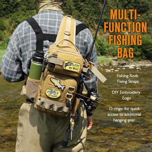 Small Fishing Backpack with Tackle Boxes Fishing Sling Bag DIY Embroidery Patches Tackle Bag Gift for Men Khaki
