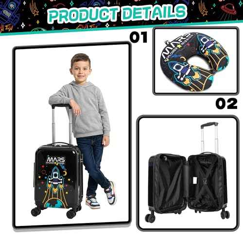Kids Luggage Set Carry On Rolling Suitcase with U shaped Pillow Toddler Suitcase for Boys Travel Set Rocket Hardside Luggage with Spinner Wheels Airline Approved