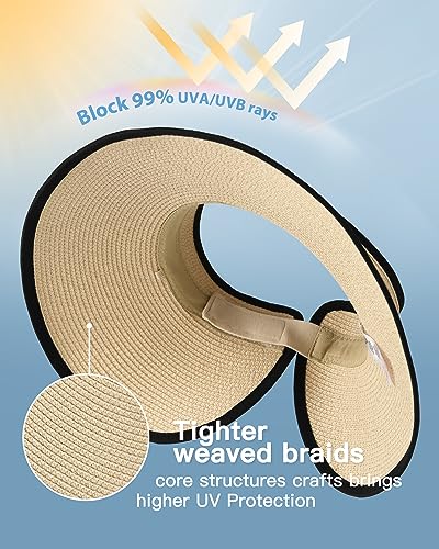 Womens Sun Hat with Ponytail Hole Wide Brim Beach Straw Visor