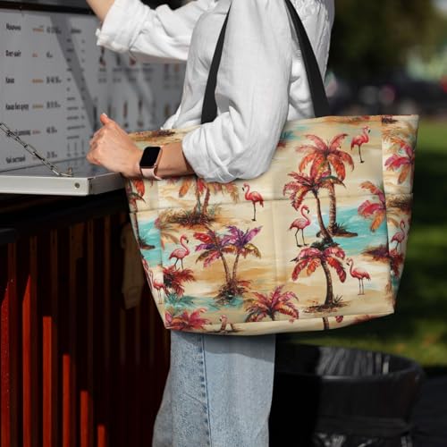 Beach Bag for Women Plam Tree Print Beach Tote Bag Waterproof Sandproof Large Bags with Zipper Big Capacity for Travel
