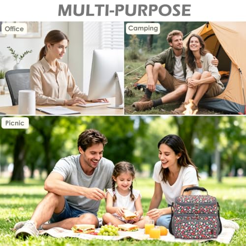 Double Layer Cooler Insulated Lunch Bag Adult Lunch Box Large Tote Bag for Men (Floral)