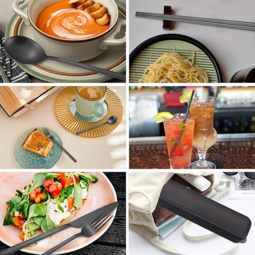 6 Pieces Stainless Steel Flatware Set Portable Reusable Cutlery Set Travel Utensils Set Including Chopsticks Knife Fork Spoon Straws Cleaning Brush Dishwasher Safe (6 Count)