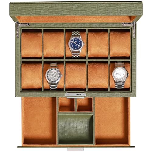 10 Slot Watch Box in Leather with Valet Drawer