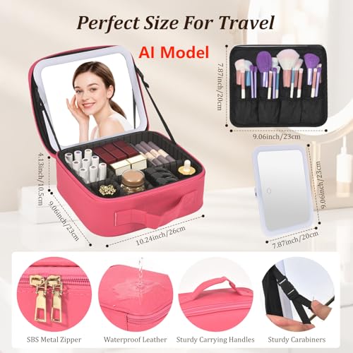 Travel Makeup Bag with Mirror & 6 Adjustable EVA Dividers