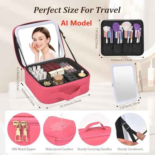 Travel Makeup Bag with Mirror & 8 Adjustable EVA Dividers