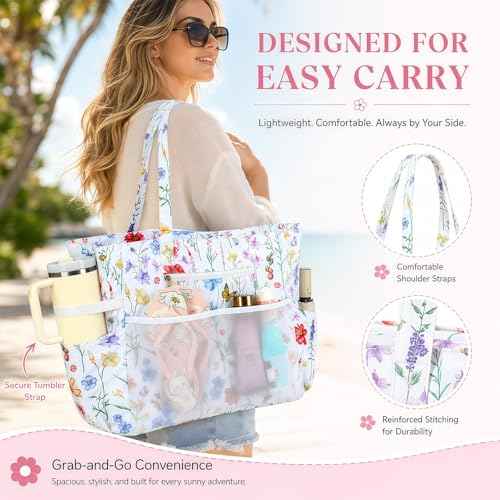 Waterproof Beach Tote Pool Bags for Women Ladies Extra Large Carry On Bag With Wet Compartment for Weekender Travel