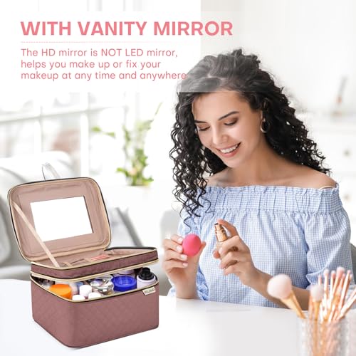 Large Makeup Bag with Mirror Double Layer Travel Make Up Organizer Case