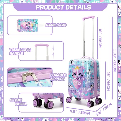 Cute Cat Kid's Luggage Set 2 Piece Suitcase Set 16" Hardside Luggage with Spinner Wheels Girls Carry on Toddler Travel Rolling Luggage Airline Approved (2 Count)
