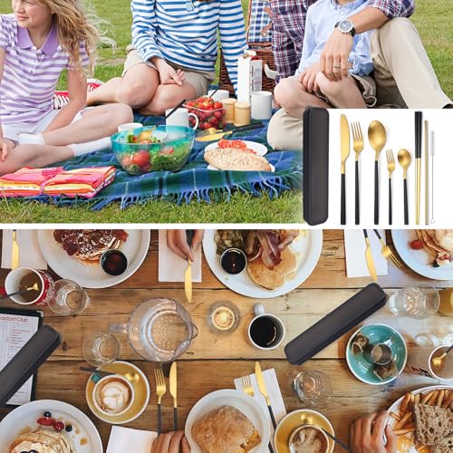 6 Pieces Stainless Steel Flatware Set Portable Reusable Cutlery Set Travel Utensils Set Including Chopsticks Knife Fork Spoon Straws Cleaning Brush Dishwasher Safe (6 Count)