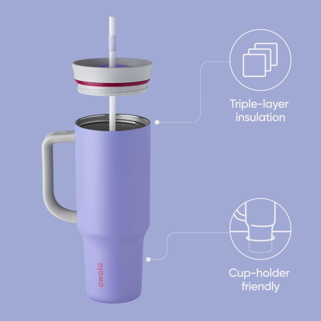 Owala Stainless Steel Triple Layer Insulated Travel Tumbler with Spill Resistant Lid, Straw, and Carry Handle, BPA Free, 40 oz, Light Purple (Whimsical Daydream) - Roamly