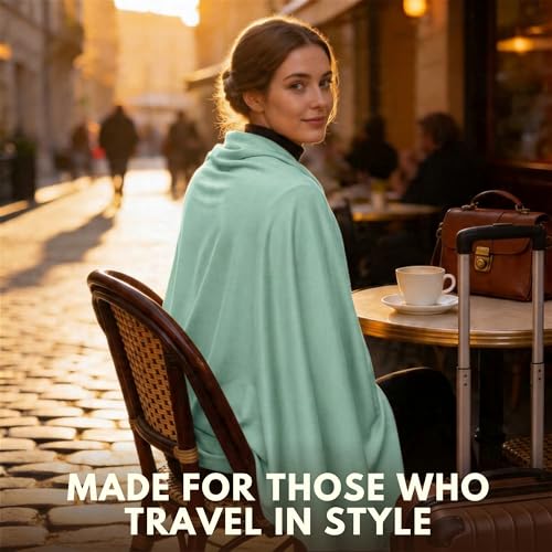 16-in-1 Compact Travel Blanket with Bag – Reversible, Ultra Soft Bamboo Airplane Blanket with Hidden Pocket - Packable for Flights, Camping, Picnic, Travel Essentials (Seafoam/Black)