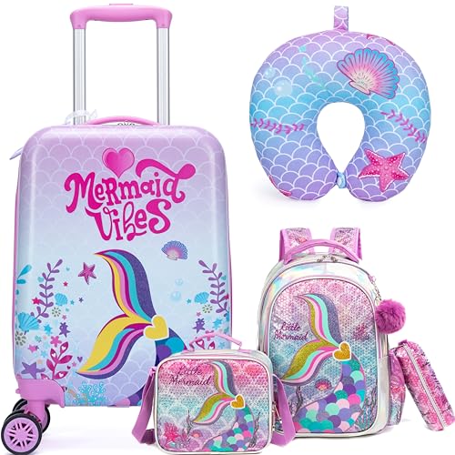 Cute Pink Mermaid Kid’s Luggage Set 5 Piece Suitcase Set 16’’ Hardside Luggage with Spinner Wheels Girls Boys Carry on Toddler Luggage Travel Rolling Luggage Carry on Luggage Airline Approved (5 Count)