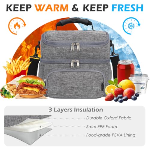 Double Layer Cooler Insulated Lunch Bag Adult Lunch Box Large Tote Bag for Men (Gray)